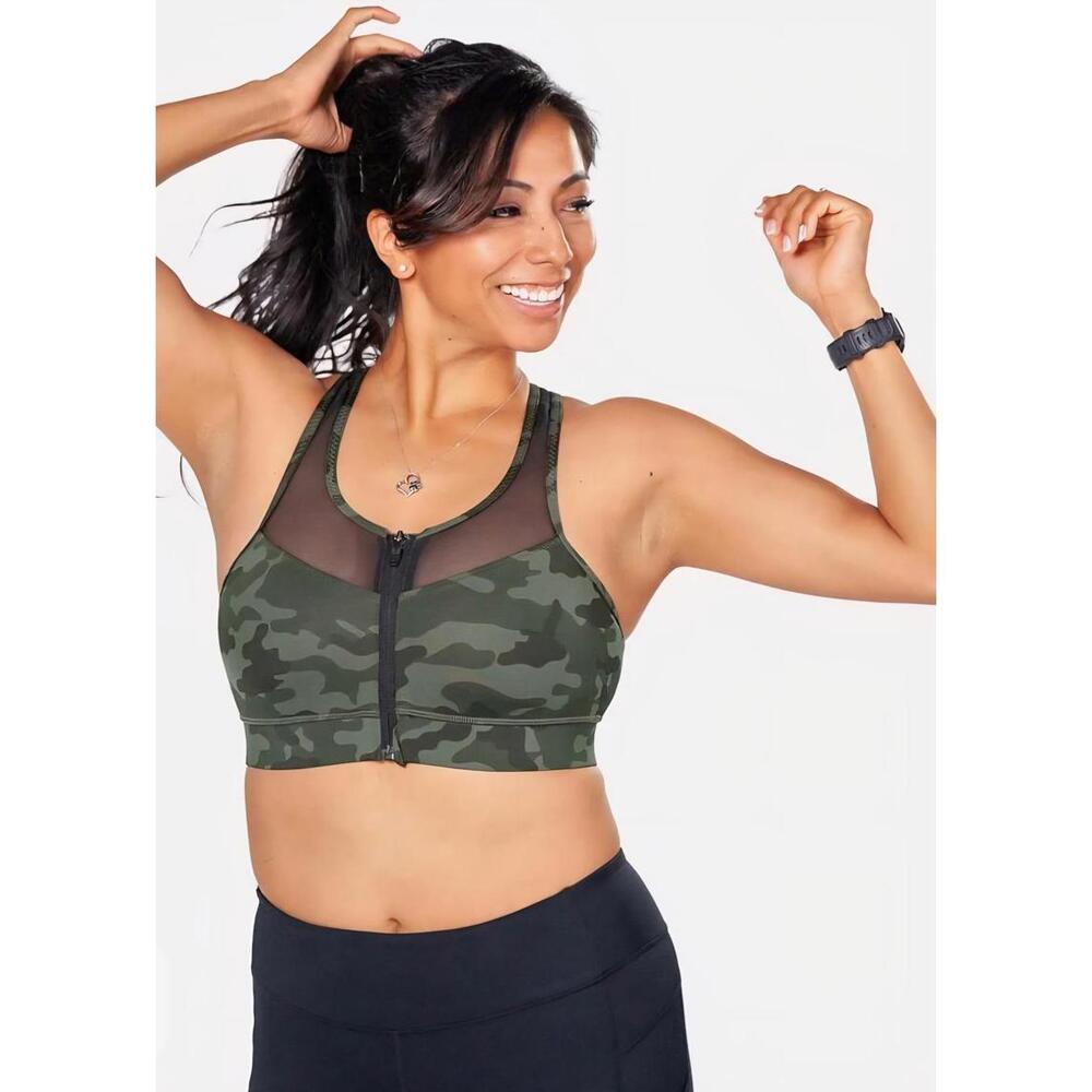 NWT Handful Camo Front Zip Sports Bra with Mesh Racerback size XL
